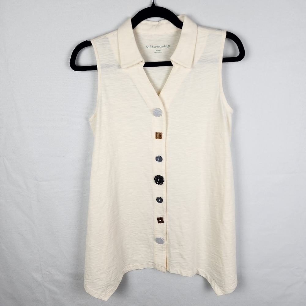 Soft Surroundings Ivory Eclectic Button Front Tank Top Asymmetrical Hem Size XS